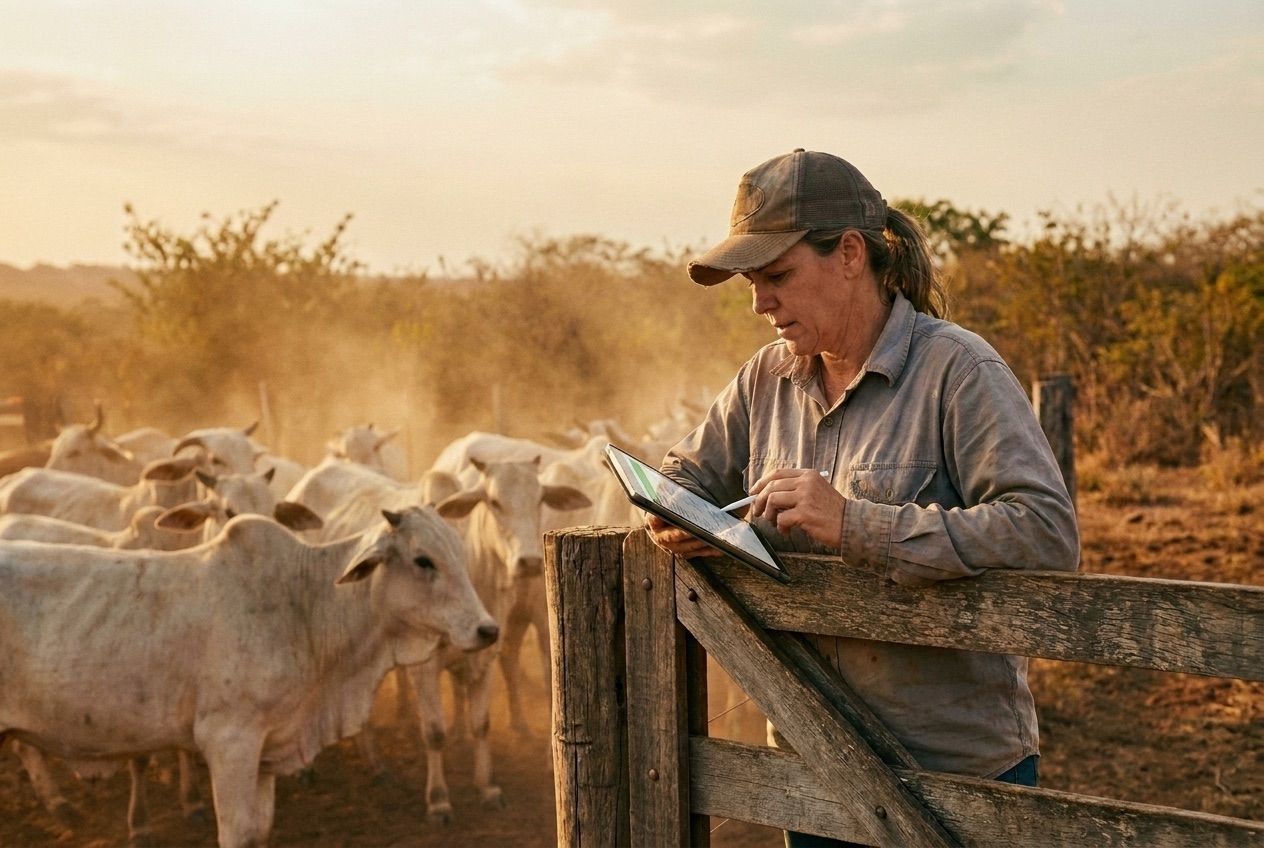 Gestora com tablet conferindo um lote na porteira do curral