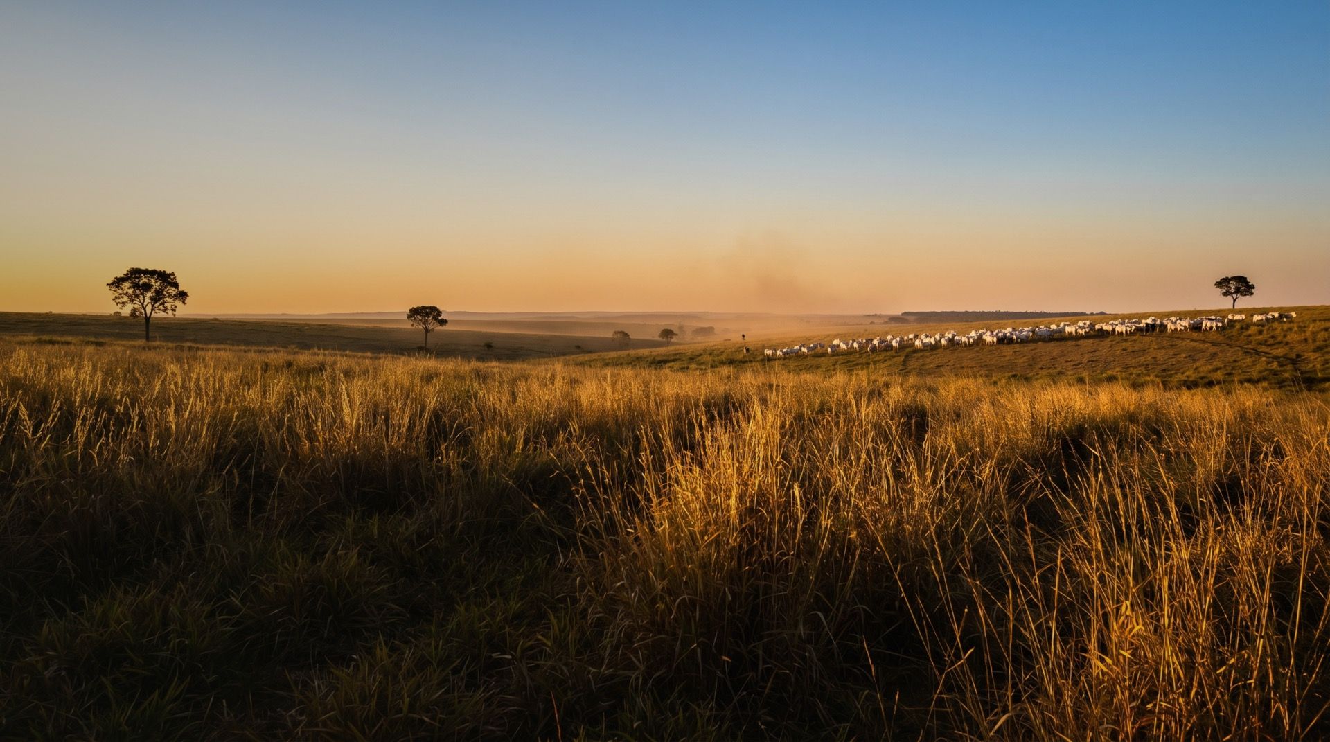 Pasto aberto ao entardecer com um lote de nelore ao fundo