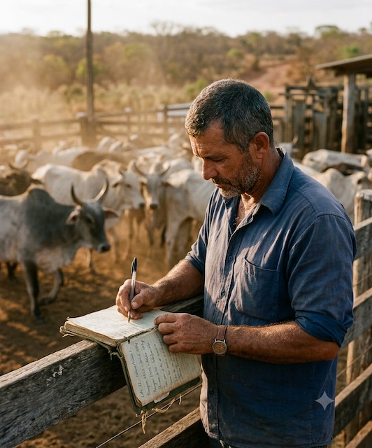 Gerente de fazenda anotando registros em caderno de campo no curral ao fim da tarde
